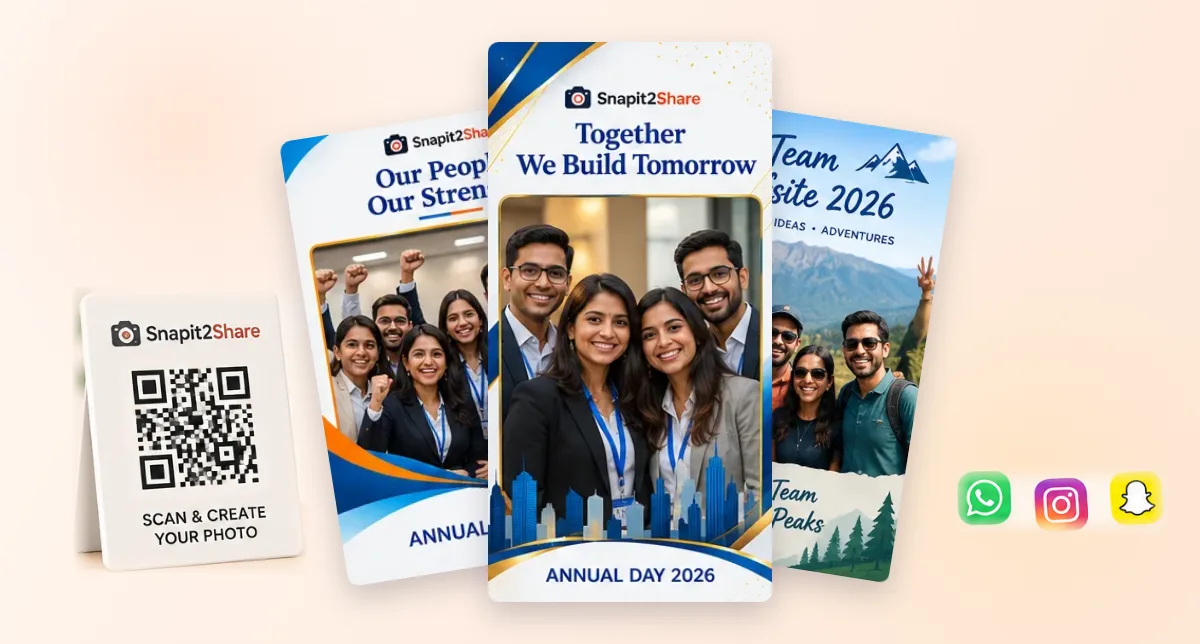 Three company frames with teams in them - Together We Build Tomorrow in front, Our People Our Strength and Team Offsite 2026 behind, beside a printed QR code and the WhatsApp, Instagram and Snapchat icons.