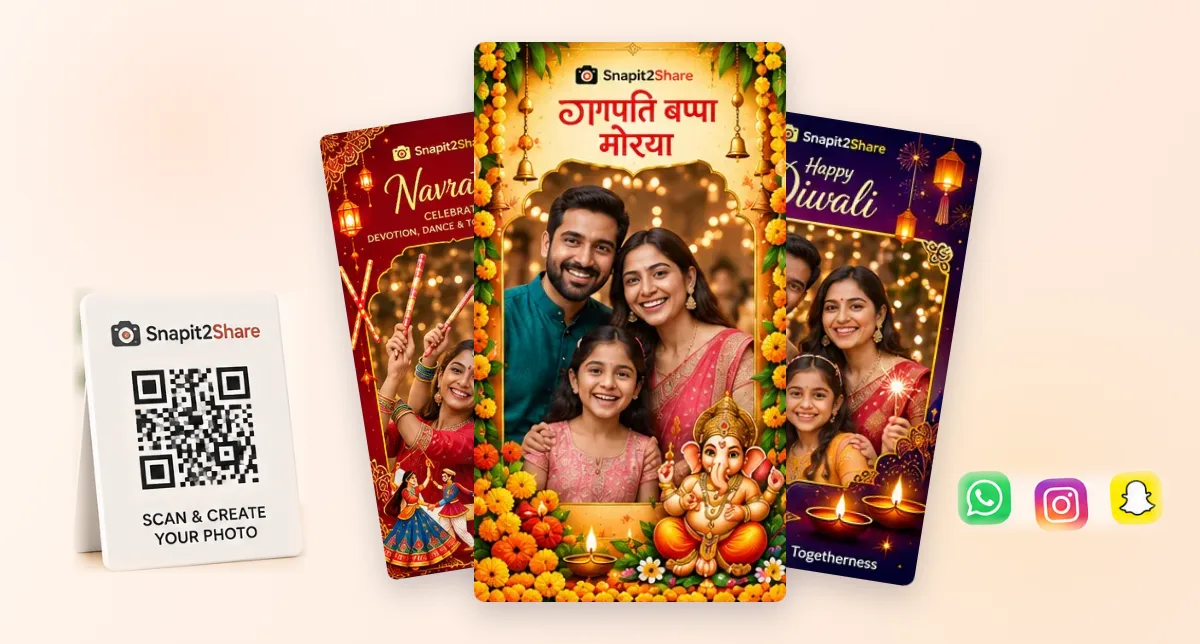 Three festival frames with families in them - Ganpati Bappa Morya in front, Navratri and Happy Diwali behind, beside a printed QR code and the WhatsApp, Instagram and Snapchat icons.