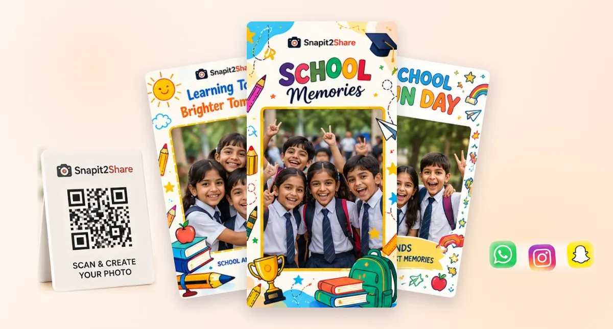 Three school frames with children in them - School Memories in front, Learning Today Brighter Tomorrow and School Fun Day behind, beside a printed QR code and the WhatsApp, Instagram and Snapchat icons.
