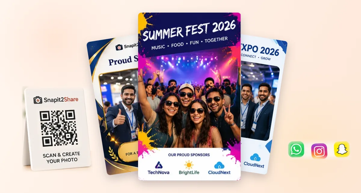 Three frames carrying sponsors - Summer Fest 2026 with its sponsors' logos under the photo in front, Proud Sponsor and Tech Expo 2026 behind, beside a printed QR code and the WhatsApp, Instagram and Snapchat icons.