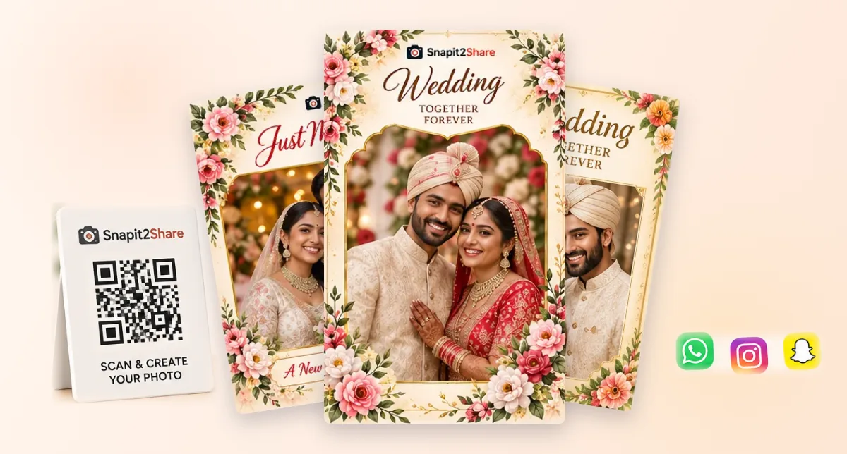 Three wedding frames with the couple in them - Wedding, Together Forever in front, Just Married and a gold wedding frame behind, beside a printed QR code and the WhatsApp, Instagram and Snapchat icons.