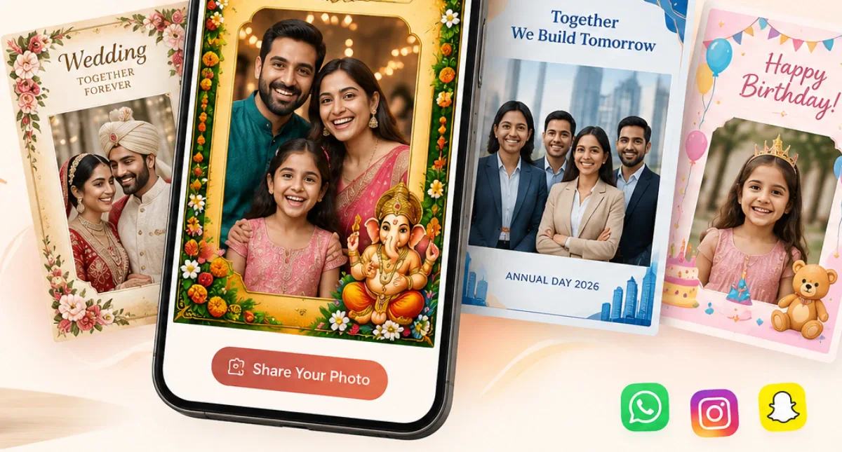 A phone showing a family photo inside a Ganesha Chaturthi frame, beside wedding, corporate and birthday frames.